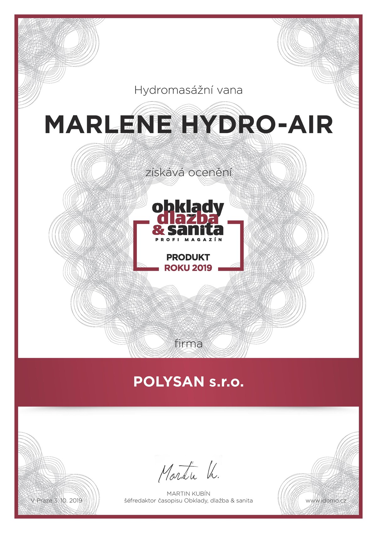 PRODUKT ROKU 2019: MARLENE  HYDRO-AIR – hydromasážní vana